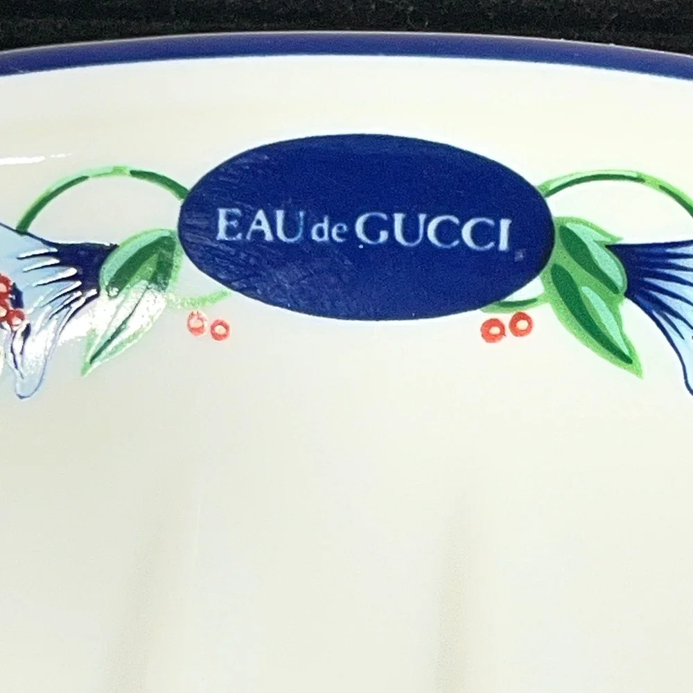 Vintage Eau de Gucci Floral Porcelain Soap Dish Blue Collectible Bath Luxe